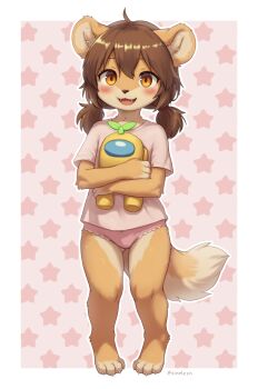 1girl :3 among_us animal_ears barefoot blush bow bow_panties brown_hair character_doll claws crewmate_(among_us) doll erishu_(sinelesh) fangs feet female_focus full_body furry furry_female holding holding_stuffed_toy hugging_object lace lace-trimmed_panties lace_trim loli looking_at_viewer low_twintails no_pants open_mouth orange_eyes orange_fur original panties pink_background pink_panties pink_shirt shirt short_hair short_sleeves simple_background sinelesh smile solo star_(symbol) star_symbol_background stuffed_animal stuffed_toy tail toes twintails twitter_username underwear white_bow yellow_(among_us)