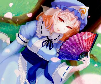 Rule 34 | 1girl, blue dress, dress, dutch angle, female focus, goshoguruma, hand fan, hat, highres, long sleeves, looking at viewer, mob cap, obi, petals, pink hair, puffy sleeves, ribbon, sa haru, saigyouji yuyuko, saigyouji yuyuko's fan design, sash, shippou (pattern), short hair, sitting, solo, touhou, tree, triangular headpiece, veil, wide sleeves