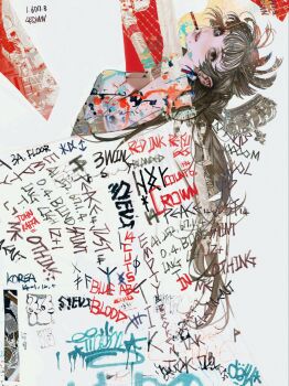 1girl blending breasts commentary english_commentary english_text grey_hair highres john_kafka long_hair medium_breasts mole mole_under_mouth open_mouth original shirt solo white_shirt