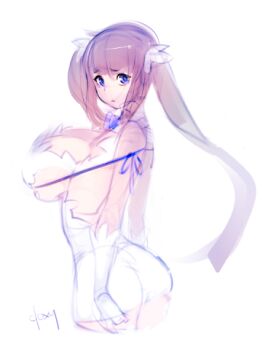 10s 1girl ass black_hair breasts cleavage doxy dungeon_ni_deai_wo_motomeru_no_wa_machigatteiru_darou_ka female_focus from_side hestia_(danmachi) huge_breasts lowres ribbon simple_background sketch solo twintails