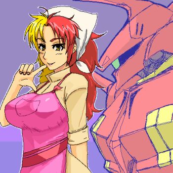 Rule 34 | 1girl, 69 (tranquilo), apron, bad id, bad pixiv id, bandana, bawoo, breasts, chara soon, female focus, gundam, gundam zz, large breasts, lipstick, lowres, makeup, mecha, multicolored hair, oekaki, r-jarja, robot, solo, split-color hair, two-tone hair, yellow eyes