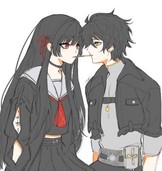 .osari 1boy 1girl arm_cutout arm_tattoo artist_name belt belt_buckle belt_pouch black_belt black_choker black_hair black_jacket black_serafuku black_shirt black_skirt blunt_sidelocks buckle chest_belt chisa_(wuthering_waves) choker closed_mouth clothing_cutout couple cropped_jacket earrings eye_contact face-to-face flat_color food food_in_mouth grey_sash grey_shirt hair_ribbon hetero highres hime_cut jacket jewelry long_hair long_sidelocks long_sleeves looking_at_another male_rover_(wuthering_waves) midriff_peek mole mole_under_eye necklace necktie open_clothes open_jacket pleated_skirt pocky pocky_in_mouth pocky_kiss pouch red_eyes red_necktie red_ribbon ribbon rover_(wuthering_waves) sailor_collar sailor_shirt school_uniform serafuku shared_food shirt short_hair sidelocks simple_background skirt straight_hair stud_earrings tacet_mark_(wuthering_waves) tattoo three-quarter_sleeves turtleneck turtleneck_shirt upper_body very_long_hair very_short_hair white_background white_sailor_collar winter_clothes wuthering_waves yellow_eyes