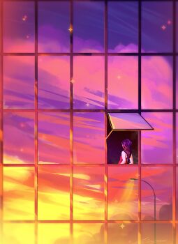 1girl brown_hair building cloud cloudy_sky from_behind lamppost low_ponytail open_window original painterly ponytail reflection reflection_focus reflective_surface scenery sky skyscraper solo sparkle sunset upper_body window zandra