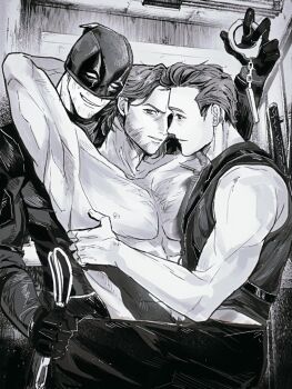3boys abs arm_behind_another&#039;s_back bodysuit boy_sandwich chest_hair commentary crutch_c cuffs deadpool deadpool_(series) dual_persona english_commentary facial_hair gloves handcuffs holding holding_handcuffs katana looking_at_another male_focus marvel mask mask_lift monochrome multiple_boys nipples pants parted_lips pectorals sandwiched scar scars_all_over short_hair smirk superhero_costume sword sword_on_back tank_top too_many weapon weapon_on_back wolverine_(x-men) x-men x-men_film_series x-men_origins:_wolverine yaoi