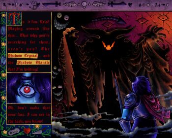 armor blue_hair cape deltarune eram_(deltarune) evil_grin evil_smile eye_focus face_in_shadow friend_(deltarune) grin kris_(dark_world)_(deltarune) kris_(deltarune) laughing red_cape red_eyes smile talking user_interface utdr_(toby_fox) video_game_dialogue_box viktimarchivees