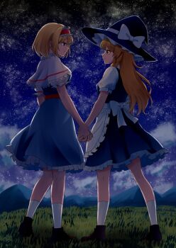 2girls alice_margatroid apron black_hat black_skirt black_vest blonde_hair blue_dress blue_eyes bow braid capelet closed_mouth commentary dress eye_contact frilled_hairband frilled_skirt frills hairband hashtag-only_commentary hat hat_bow highres holding_hands interlocked_fingers kirisame_marisa kiyo_(tomoki6107) lolita_hairband long_hair looking_at_another mountainous_horizon multiple_girls night outdoors puffy_short_sleeves puffy_sleeves red_hairband shoes short_sleeves side_braid single_braid skirt sky smile socks star_(sky) starry_sky touhou vest waist_apron white_bow white_capelet white_socks witch_hat yellow_eyes yuri