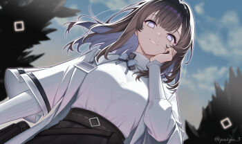 1girl absurdres arknights belt black_hairband black_skirt blue_sky brown_hair closed_mouth coat commentary_request diamond-shaped_pupils diamond_(shape) grey_eyes hairband hand_on_own_face highres id_card jacket lab_coat long_hair long_sleeves looking_at_viewer medium_hair name_tag outdoors patyu3 priestess_(arknights) purple_eyes ribbon shirt simple_background skirt sky smile solo square sweater symbol-shaped_pupils tree turtleneck turtleneck_shirt turtleneck_sweater white_coat white_sweater