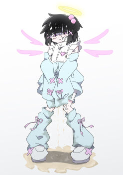 1girl absurdres angel angel_wings bandaid bandaid_on_cheek bandaid_on_face bandaid_on_knee bandaid_on_leg black_hair blue_jacket blue_shorts blue_socks blush bow crossed_bandaids detached_sleeves embarrassed flat_chest hair_bobbles hair_ornament halo heart heart_print highres jacket kneehighs loli long_sleeves looking_down loose_socks nukegara_(pixiv_46266320) open_mouth original peeing peeing_self pink_bow pink_eyes ponytail print_jacket puddle shoes short_hair shorts side_ponytail sleeveless sleeveless_jacket sleeves_past_fingers sleeves_past_wrists socks standing tears wet wet_clothes wet_shorts wet_sleeves wet_socks white_background white_shoes wings x_hair_ornament