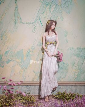 1girl 3d aerith_gainsborough against_wall aqua_background artist_name bare_shoulders blue_eyes bouquet breasts brown_hair brown_shoes cleavage closed_mouth drayqin dress eyelashes final_fantasy final_fantasy_vii final_fantasy_vii_remake flower gold_saucer hair_intakes highres holding lips long_dress long_hair looking_to_the_side petals pink_flower shoes sidelocks small_breasts solo standing standing_on_one_leg toe_cleavage watermark white_dress