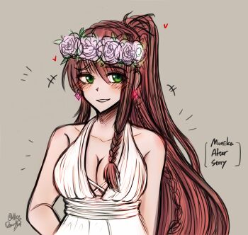1girl alicedickens alternate_costume arm_behind_back artist_name bare_arms blush braid braided_sidelock breasts brown_hair collarbone doki_doki_literature_club dress earrings english_text flower flower_wreath green_eyes grey_background grin hair_between_eyes heart high_ponytail highres jewelry large_breasts long_hair looking_ahead monika_(doki_doki_literature_club) non-web_source open_mouth pink_flower ponytail raised_inner_eyebrows simple_background single_sidelock sleeveless sleeveless_dress smile solo swept_bangs teeth upper_body very_long_hair wedding_dress white_dress