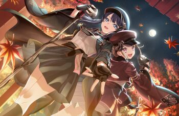 2girls :d autumn autumn_leaves black_gloves black_hat black_jacket black_necktie black_skirt black_socks blue_eyes blue_hair breasts brown_hair brown_jacket collared_shirt dollchestra dress_shirt dutch_angle falling_leaves feet_out_of_frame fingerless_gloves full_moon game_cg garand_flash_(love_live!) gloves hat highres jacket kachimachi_kosuzu kneehighs leaf link!_like!_love_live! long_hair looking_at_viewer love_live! maple_leaf medium_breasts microphone miniskirt moon multiple_girls murano_sayaka necktie night night_sky non-web_source official_alternate_costume official_art open_clothes open_jacket open_mouth pink_eyes pleated_skirt shirt skirt sky smile socks star_(sky) starry_sky vintage_microphone virtual_youtuber white_shirt white_skirt wide_sleeves