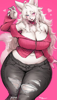1girl absurdres ahoge animal_ear_fluff animal_ears arm_up bare_shoulders black_pants blue_eyes blush breasts collar commentary_request furry furry_female heart heterochromia highres large_breasts long_sleeves looking_at_viewer off_shoulder open_mouth original pants pink_background pink_collar pink_eyes pink_shirt shirt sidelocks simple_background smile snout solo stomach suurin_(ksyaro) thighs torn_clothes torn_pants white_fur white_hair wide_hips