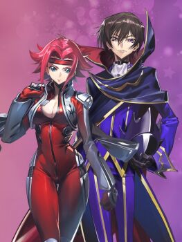 1boy 1girl black_hair blue_eyes bodysuit breasts cape cleavage code_geass helmet highres jacket kouzuki_kallen lelouch_vi_britannia looking_at_viewer mecha_pilot_suit medium_breasts medium_hair pink_background purple_eyes red_hair skin_tight