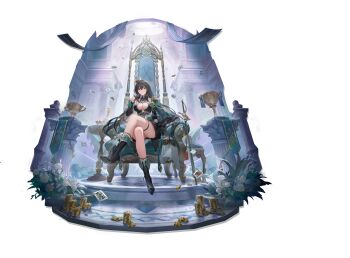 1girl absurdres ace_(playing_card) ace_of_hearts ace_of_spades architecture artist_request banner black_gloves black_hair black_skirt breasts card center_opening crossed_legs crown detached_sleeves eight_of_clubs epaulettes five_of_clubs fur_trim gloves green_eyes hair_between_eyes hair_ornament hairclip heart high_heels highres incredibly_absurdres indoors jewelry king_(playing_card) king_of_clubs king_of_hearts_(playing_card) large_breasts long_hair looking_at_viewer mini_crown mochizuki_himiya official_alternate_costume official_art plant plant_request playing_card poker_chip poker_fate queen_(playing_card) queen_of_clubs queen_of_spades_(playing_card) shinlet single_epaulette sitting_on_throne six_of_clubs six_of_diamonds skirt sleeve_cuffs solo spade_(shape) spade_brooch spade_hair_ornament sword ten_of_clubs ten_of_hearts thighlet three_of_clubs throne transparent_background trophy weapon weapon_request