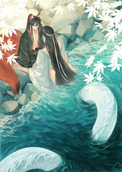 2boys absurdres animal_ears barefoot black_hair black_hanfu chinese_clothes closed_eyes closed_mouth couple day diaomaoxiaoheidaoliangquanban facing_away fox_boy fox_ears fox_tail from_above hair_ribbon hanfu highres holding_hands kemonomimi_mode lan_wangji leaf light_particles long_hair long_sleeves looking_at_another male_focus maple_leaf merman modao_zushi monster_boy monsterification multiple_boys on_rock open_clothes open_robe outdoors partially_submerged pectoral_cleavage pectorals ponytail red_ribbon red_sash ribbon robe rock sash sidelocks sitting smile soaking_feet tail very_long_hair water watermark wei_wuxian white_hanfu wide_sleeves yaoi