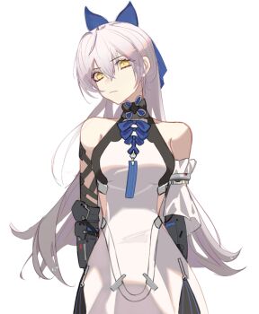 Rule 34 | 1girl, arms behind back, bare shoulders, black gloves, blue bow, bow, breasts, bright pupils, closed mouth, commentary, dandelion (girls' frontline), dress, english commentary, feet out of frame, girls' frontline, gloves, grey hair, hair bow, highres, long hair, looking at viewer, medium breasts, off-shoulder dress, off shoulder, simple background, solo, standing, strapless, strapless dress, takaprince, tokarev (girls' frontline), tokarev (mod3) (girls' frontline), white background, white dress, white pupils, yellow eyes