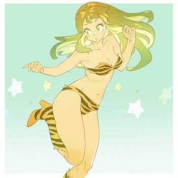 1girl 55bata6rou animal_print bikini blue_background boots border breasts cleavage cone_horns foot_up fur_bikini green_hair hand_up high_heel_boots high_heels highres horns long_hair looking_to_the_side lum medium_breasts navel oni pointy_ears print_bikini print_boots small_horns solo standing standing_on_one_leg star_(symbol) strapless strapless_bikini swimsuit tiger_print urusei_yatsura white_border yellow_bikini yellow_boots yellow_horns