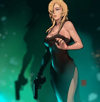 Rule 34 | 1girl, armpit peek, armpits, artist logo, aya brea, bare arms, bare shoulders, black dress, blonde hair, blue background, blue eyes, breasts, cleavage, collarbone, commentary, dress, english commentary, fumezu1, green background, gun, hair over one eye, hair over shoulder, handgun, holding, holding gun, holding weapon, large breasts, linea alba, lips, logo, long dress, looking at viewer, mature female, medium hair, navel, one eye covered, parasite eve (series), parasite eve i, parted lips, red lips, shadow, side slit, skin tight, sleeveless, sleeveless dress, solo, thigh peek, thighs, two-tone background, weapon