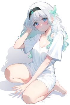 1girl absurdres alternate_costume artezahn black_hairband blue_eyes blue_pupils blush breasts cleavage colored_tips commentary_request firefly_(honkai:_star_rail) gradient_eyes green_hair grey_hair hairband highres honkai:_star_rail honkai_(series) light_frown long_hair medium_breasts multicolored_eyes multicolored_hair naked_shirt purple_eyes shadow shirt simple_background solo squatting two-tone_eyes white_background white_shirt