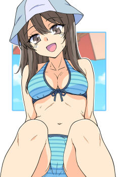 1girl bikini blue_bikini blush breasts brown_eyes brown_hair cameltoe cleavage collarbone girls_und_panzer highres large_breasts long_hair looking_at_viewer mika_(girls_und_panzer) navel open_mouth renshiu smile solo striped_bikini striped_clothes sweat swimsuit tulip_hat
