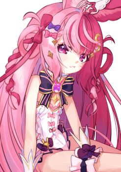 1girl absurdres animal_ears bow braid chromashift commentary crescent crescent_facial_mark english_commentary facial_mark frilled_leotard frills gloves hair_bow highres kiirokuma lalabell_lullaby leotard long_hair pink_eyes pink_hair rabbit_brooch rabbit_ears ribbon sitting solo star_ahoge thigh_strap thighs very_long_hair virtual_youtuber white_gloves white_leotard