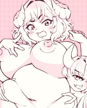 2025 2girls belly breasts cecihime cecilia_rosenkreutz cow_girl eira_woolcot fang greyscale highres horn horns indie_virtual_youtuber large_breasts looking_down monochrome multiple_girls one-eyed oni_girl open_mouth plump saliva self-portrait sexual_harassment virtual_youtuber yuri