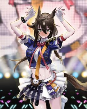 1girl absurdres animal_ears archetto_(arknights) archetto_(arknights)_(cosplay) archetto_(publicity_strategy)_(arknights) arknights arms_up belt black_hair blue_shirt blush bow bowtie commentary_request cosplay crop_top gloves green_eyes hair_between_eyes highres horse_ears meteor_(arknights) midriff mildt miniskirt navel nose_blush pleated_skirt red_bow red_bowtie shirt short_sleeves skirt solo stomach tears thighs umapyoi_densetsu white_gloves white_skirt