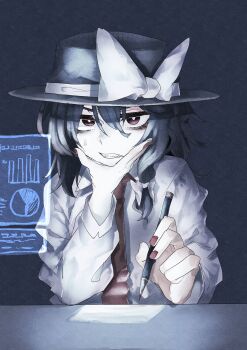1girl absurdres alternate_eye_color black_hair black_hat bow chart collared_shirt dark_background graph hair_between_eyes hair_bow hand_on_own_chin hat hat_bow highres holding holding_pen holographic_interface large_bow long_sleeves looking_at_screen muraryo necktie paper pen pie_chart red_eyes red_nails screen shirt short_hair sitting sleeve_cuffs solo sweat table teeth thinking touhou usami_renko white_bow white_shirt