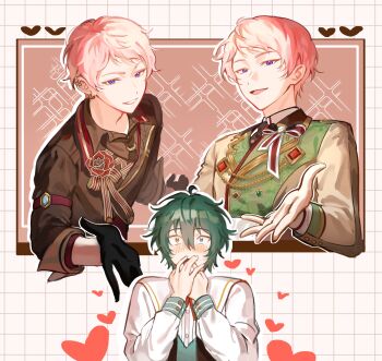 2boys absurdres autumn_cafeteria_(ensemble_stars!) black_gloves blue_eyes blush buttons clenched_teeth collared_shirt covering_own_mouth ear_piercing earrings ensemble_stars! flower gloves green_hair hair_between_eyes hands_up heart heterochromia highres itsuki_shu jewelry kagehira_mika long_sleeves looking_at_viewer male_focus mikai_(lucialen_56) multiple_boys offering_hand official_alternate_costume open_hand open_hands outstretched_hand piercing pink_hair pretty_mission_(ensemble_stars!) purple_eyes rose shirt short_bangs short_hair smile sparkle teeth upper_body valkyrie_(ensemble_stars!) yaoi yellow_eyes