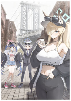 3girls absurdres ahoge animal_ear_fluff animal_ears black_hat black_jacket black_pants black_shoes black_suit blonde_hair blue_archive blue_eyes blue_hair blue_halo blue_necktie blush breasts calvin_klein choker cleavage closed_eyes collarbone cup denim denim_shorts dog_ears eyewear_on_head formal_clothes fubuki_(blue_archive) grey_hair hair_over_one_eye halo hat highres holding holding_cup jacket kanna_(blue_archive) kirino_(blue_archive) large_breasts long_hair looking_at_viewer manhattan_bridge micasa_tto multiple_girls navel necktie new_york_city notched_ear open_clothes open_jacket oversized_jacket pants pink_halo pink_shoes ponytail purple_halo real_world_location shirt shoes shorts single_bare_shoulder sleeves_past_fingers sleeves_past_wrists small_breasts sports_bra suit sunglasses thighs twintails v white_shirt white_sports_bra