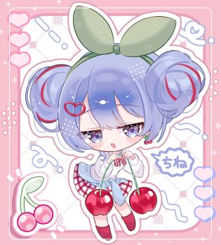 1girl absurdres blue_eyes blue_hair bow bowtie cherry cherry_hair_ornament cherry_pop_(vocaloid) chibi clothes_around_waist double_bun earrings food food-themed_hair_ornament fruit full_body green_hairband green_ribbon hair_bun hair_ornament hairband hatsune_miku heart heart_hair_ornament highres holding holding_food jewelry long_sleeves looking_at_viewer monet_1104 multicolored_hair open_mouth plaid_clothes plaid_ribbon plaid_skirt red_hair red_skirt ribbon shirt skirt smile socks solo streaked_hair sweater vocaloid white_shirt