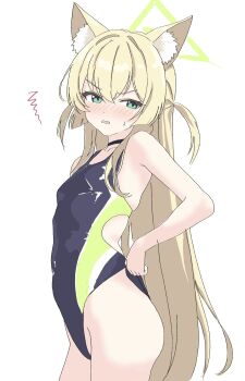 1girl alternate_costume animal_ear_fluff animal_ears blonde_hair blue_archive blush breasts commentary_request competition_swimsuit embarrassed fox_ears fox_girl from_side halo highleg highleg_one-piece_swimsuit highres kamitosayu kurumi_(blue_archive) long_hair multicolored_swimsuit one-piece_swimsuit small_breasts solo swimsuit triangle_halo two-tone_swimsuit two_side_up white_background