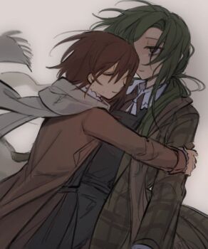 Rule 34 | 2girls, apron, asya shubina, black apron, brown coat, brown hair, chitu o, closed eyes, closed mouth, coat, commentary, english commentary, green hair, half-closed eyes, highres, hug, long hair, long sleeves, marina kaplan, multiple girls, plaid clothes, plaid coat, scarf, school uniform, short hair, smile, soviet school uniform, white background, white scarf, yellow pupils, z.a.t.o. // i love the world and everything in it