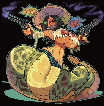 1girl bandaged_arm bandages bandages_over_mouth black_background black_hair breasts cigarette denim denim_shorts dual_wielding female_pubic_hair gun hair_over_one_eye half-closed_eyes handgun hat holding holding_gun holding_weapon large_breasts long_eyelashes navel_piercing original panty_straps piercing pubic_hair raised_eyebrow rattlesnake revolver shirt short_hair short_sleeves shorts simple_background slit_pupils smoke smoking snake_girl snake_tail solo sombrero spicyfuse stomach tail torn_clothes torn_shirt underboob weapon white_shirt