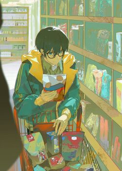 1boy black_hair blue_eyes box food glasses green_jacket hair_between_eyes highres hood hood_down hooded_jacket indoors jacket long_sleeves male_focus open_clothes open_jacket original shirt shop shopping shopping_basket short_hair solo xiaojiaju