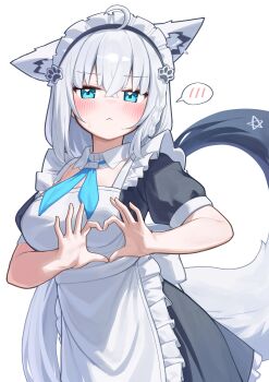 1girl :< absurdres ahoge alternate_costume animal_ear_fluff animal_ear_piercing animal_ears apron aqua_eyes blue_neckerchief blush braid breasts commentary_request deaver dress fox_ears fox_girl fox_tail frilled_apron frills hair_between_eyes hair_ornament heart heart_hands highres hololive large_breasts looking_at_viewer maid maid_apron maid_headdress neckerchief shirakami_fubuki short_sleeves side_braid simple_background single_braid solo sweatdrop tail virtual_youtuber white_apron white_background white_hair white_headdress