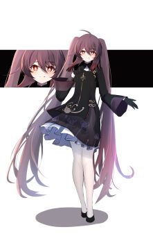 Rule 34 | 1girl, absurdres, ahoge, alternate costume, black gloves, black shoes, brown dress, brown hair, cut-in, dress, flower-shaped pupils, genshin impact, gloves, highres, hu tao (genshin impact), long hair, looking at viewer, pantyhose, qixia, red eyes, shoes, smile, solo, standing, symbol-shaped pupils, twintails, very long hair, white pantyhose, wide sleeves