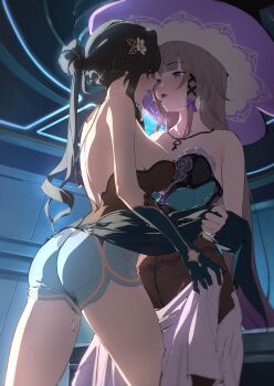 2girls adversarial_noise after_kiss aqua_gloves aqua_hair aqua_shorts armpit_crease ass black_pantyhose bodice breasts breath brown_hair collarbone commentary cowboy_shot gloves hair_ornament hair_ribbon hat herta_(honkai:_star_rail) highres honkai:_star_rail honkai_(series) indoors jewelry key key_necklace large_breasts long_hair medium_breasts multicolored_hair multiple_girls nashidrop necklace open_mouth paid_reward_available panties panties_under_pantyhose pantyhose purple_eyes purple_ribbon pussy_juice pussy_juice_drip_through_clothes ribbon ruan_mei_(honkai:_star_rail) saliva saliva_trail shorts streaked_hair the_herta_(honkai:_star_rail) underwear witch_hat yuri