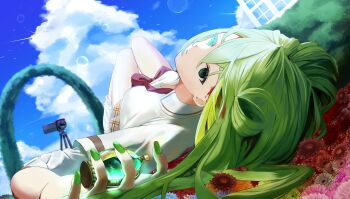 absurdres alina_gray blood blood_on_face blue_sky building cloud day death flower green_eyes green_hair green_nails highres magia_record:_mahou_shoujo_madoka_magica_gaiden mahou_shoujo_madoka_magica mizusaka_ney red_flower scene_reference school_uniform sky soul_gem suicide tripod video_camera