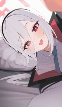 Rule 34 | 1girl, absurdres, black hairband, blue archive, blue necktie, collared shirt, hairband, halo, head on pillow, highres, holypotato0, kei (blue archive), long hair, lying, necktie, on side, open mouth, pillow, portrait, reaching, red eyes, red halo, shirt, smile, solo, white hair, white shirt