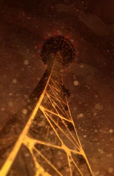 Rule 34 | 1other, black coat, climbing, coat, from below, glowing, mini person, night, original, outdoors, signature, sky tower, snow, snowing, solo, zandra