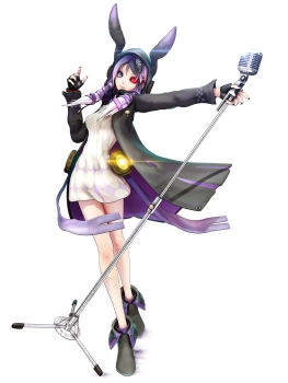 1girl 3d animal_ears animal_hood ankle_boots bare_legs black_boots black_gloves black_hoodie black_nails black_sclera blue_eyes boots breasts bug ca_(deino) calne_ca_(deino) closed_mouth colored_sclera deino_(deino3330) dress expressionless fake_animal_ears female_focus fingerless_gloves full_body gloves glowing glowing_eye guro heterochromia highres hood hoodie lens_flare lips looking_at_viewer medium_breasts microphone_stand mismatched_sclera nail_polish open_clothes open_hoodie outstretched_arm purple_eyes purple_hair rabbit_ears rabbit_hood red_eyes short_hair_with_long_locks simple_background solo standing vocaloid voiceroid white_background white_dress yuzuki_yukari yuzuki_yukari_(lin)