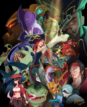 3others 4girls 6+boys aatrox absurdres armor aura bandana bilgewater_katarina bilgewater_swain black_background black_hair blue_eyes blue_hair breasts brown_hair cape captain_fortune card cigar cleavage colored_skin corsair_quinn dagger dark_skin dark_waters_diana dark_waters_vladimir diana_(league_of_legends) dual_wielding earrings eyepatch fiddlesticks gangplank_(league_of_legends) garen_(league_of_legends) glowing glowing_eyes graves_(league_of_legends) green_eyes green_skin gun handgun hat highres holding holding_dagger holding_knife holding_sword holding_weapon hoop_earrings illaoi jewelry katarina_(league_of_legends) knife large_breasts league_of_legends long_sleeves maho_chio_(jujumaho) miss_fortune_(league_of_legends) multicolored_hair multiple_boys multiple_girls multiple_others nautilus_(league_of_legends) navel no_pupils open_mouth orange_eyes pirate_ryze pistol playing_card purple_headwear purple_skin pyke pyke_(league_of_legends) quinn_(league_of_legends) rogue_admiral_garen ryze sea_hunter_aatrox sharp_teeth signature standing streaked_hair swain_(league_of_legends) sword tahm_kench teeth tricorne twisted_fate vladimir_(league_of_legends) weapon white_hair yellow_eyes