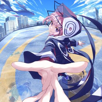 1girl absurdres blue_eyes blue_jacket blue_sky building cityscape cloud cloudy_sky endo_yohane foreshortening from_behind head_tilt highres hood hood_up hooded_jacket jacket kaf_(kamitsubaki_studio) kamitsubaki_studio laplace_(kamitsubaki_studio) long_hair looking_at_viewer multicolored_jacket outdoors perspective pink_hair reaching reaching_towards_viewer rooftop sky skyscraper solo very_long_hair virtual_youtuber whale wide_sleeves yellow_pupils