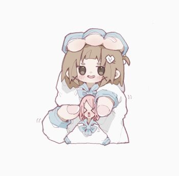 &gt;_&lt; 2girls absurdres bad_id bad_twitter_id blush bow bowtie brown_eyes brown_hair commentary_request cropped_torso extra_arms fang fingernails hair_ornament hairclip heart heart_hair_ornament highres long_sleeves looking_at_viewer medium_hair motion_lines multiple_girls nikamoka nose_blush open_mouth original panicking pink_hair simple_background size_difference smile squishing swept_bangs thick_eyebrows upper_body white_background x_hair_ornament