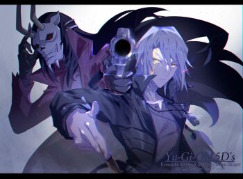 2boys aiming aiming_at_viewer behind_another black_gloves black_hair black_sclera card character_name coat colored_sclera copyright_name dated duel_monster facial_mark gloves grey_coat grey_hair grey_shirt gun hand_on_own_head handgun harmonica holding holding_card holding_gun holding_weapon infernity_doom_slinger instrument kiryu_kyosuke letterboxed light_particles long_hair male_focus mask multiple_boys outstretched_arm popped_collar red_coat red_eyes revolver shirt skeleton skull_mask upper_body weapon white_background wind yellow_eyes youmicitrustea yu-gi-oh! yu-gi-oh!_5d&#039;s