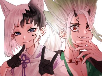 2boys animal_ear_fluff animal_ears asagiri_gen asymmetrical_hair bead_necklace beads black_gloves black_hair blue_eyes cracked_skin dr._stone eerika1114 extra_ears fang finger_to_mouth fox_boy fox_ears fox_shadow_puppet gloves green_hair grin half_gloves highres horns ishigami_senkuu japanese_clothes jewelry long_hair looking_at_viewer magatama magatama_necklace male_focus multicolored_hair multiple_boys necklace red_eyes short_hair smile spiked_hair split-color_hair tooth_necklace two-tone_hair upper_body white_background white_hair