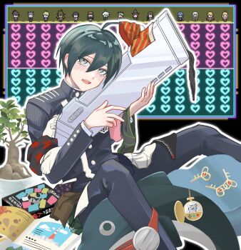 1boy absurdres ahoge akamatsu_kaede amami_rantaro black_hair black_jacket blush brown_eyes buttons chart collared_jacket commentary danganronpa_(series) danganronpa_v3:_killing_harmony eyelashes gokuhara_gonta hair_between_eyes harukawa_maki highres holding holding_weapon hoshi_ryoma iruma_miu jacket k1-b0 key long_sleeves looking_at_viewer lower_eyelashes_only male_focus moi_(arararcrc) momota_kaito oma_kokichi open_mouth outline panties pants pinstripe_jacket pinstripe_pants pinstripe_pattern pixel_art saihara_shuichi shinguji_korekiyo shirogane_tsumugi short_hair smile solo sprite striped_clothes stuffed_animal stuffed_toy tojo_kirumi underwear unworn_panties vertical-striped_sleeves weapon yonaga_angie yumeno_himiko