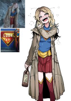 1girl :d absurdres alcohol blonde_hair blue_eyes blush boots bottle breasts brown_coat cape coat cowboy_shot dc_comics drunk half-closed_eyes highres holding holding_bottle karasu_raven long_hair long_sleeves looking_at_viewer medium_breasts messy_hair open_mouth pleated_skirt red_boots red_cape red_skirt reference_inset skirt smile supergirl superhero_costume superman_(2025) superman_(series) trench_coat white_background