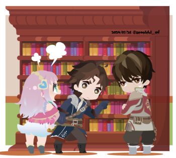 Rule 34 | 01 (zeroichi srl), 1girl, 2boys, atelier (series), atelier lulua, black footwear, blue coat, blue eyes, book, bookshelf, boots, border, bright pupils, brown eyes, brown hair, brown pants, chibi, chibi only, christoph aurel arland, coat, dated, elmerulia frixell, full body, grey hair, hair ornament, heart, heart hair ornament, jacket, long hair, long sleeves, looking at another, multiple boys, no lineart, open mouth, pants, pink jacket, puff of air, short hair, standing, sterkenburg cranach, sweatdrop, twitter username, white border, white pupils